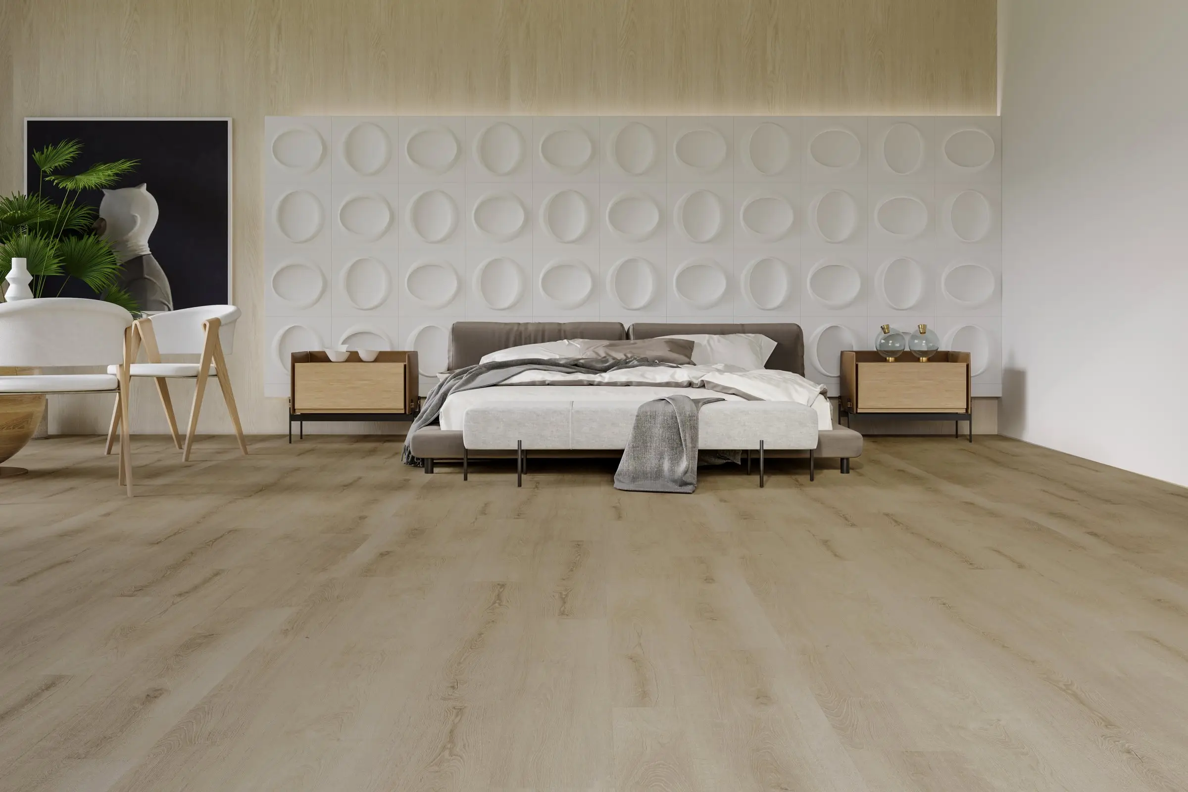 Quarto com cabeceira de painel branco e piso de carvalho natural